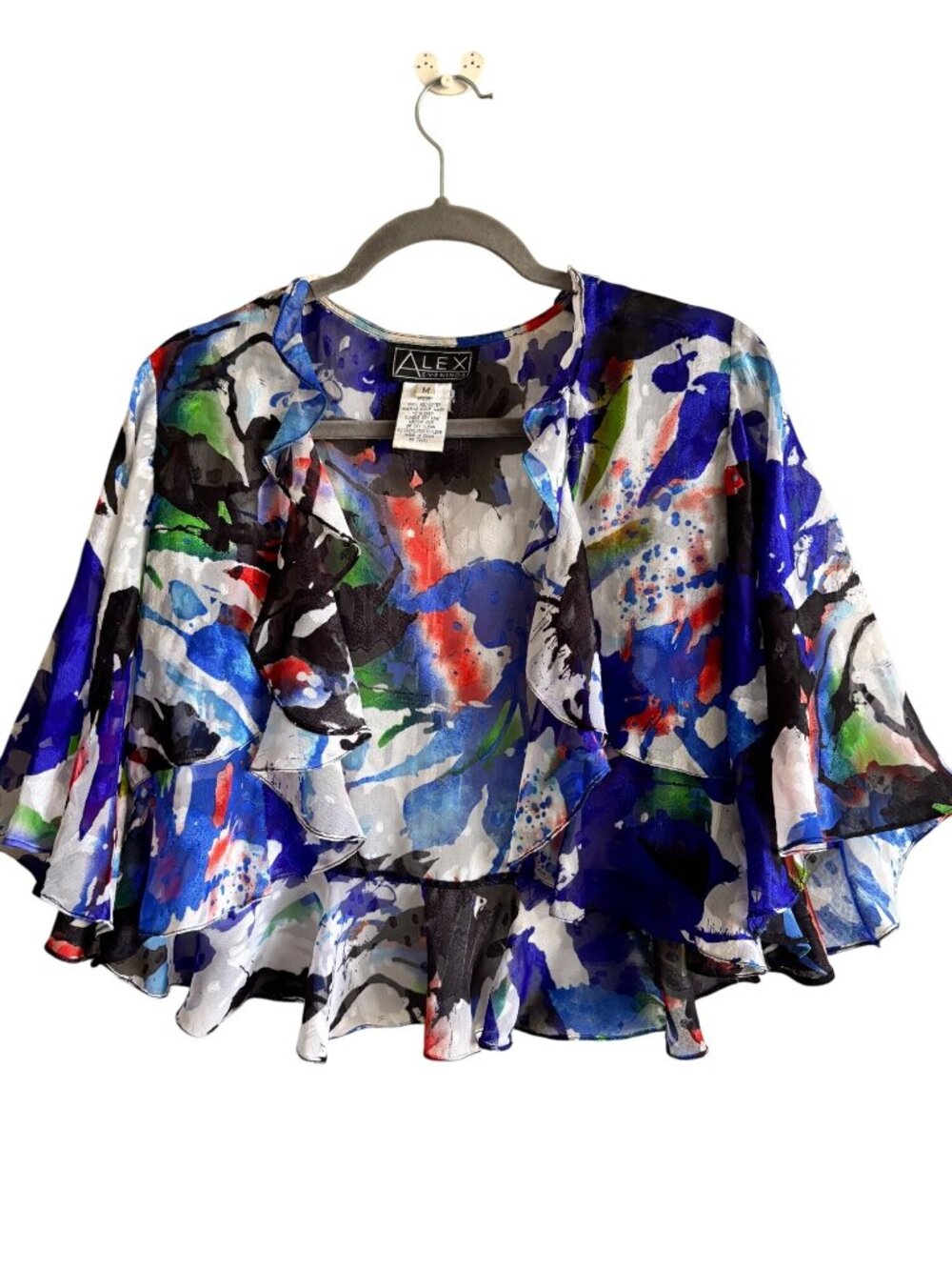 Alex Evenings Multicolor Abstract Print Sheer Open Front Ruffle Jacket Womens M
